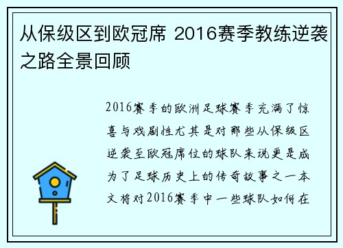 从保级区到欧冠席 2016赛季教练逆袭之路全景回顾