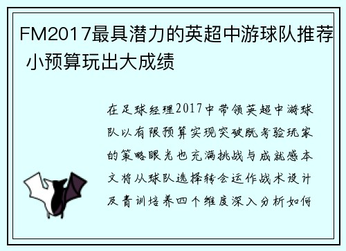 FM2017最具潜力的英超中游球队推荐 小预算玩出大成绩