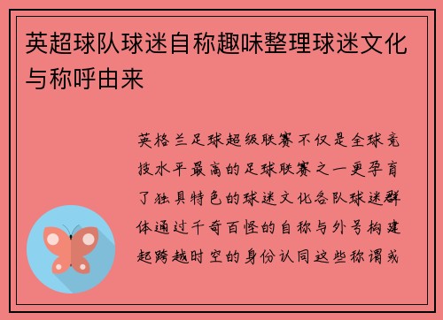 英超球队球迷自称趣味整理球迷文化与称呼由来